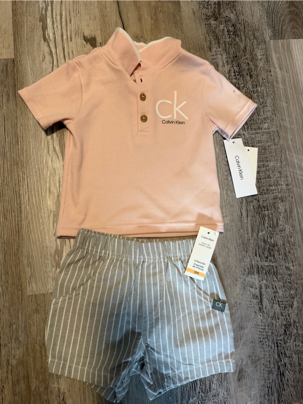 Calvin Klein Pink Polo Top with Gray Striped Shorts Set